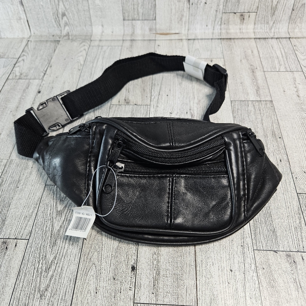 NWT Black Leather Fanny Pack Waist Bag Multi Pockets Ajustable